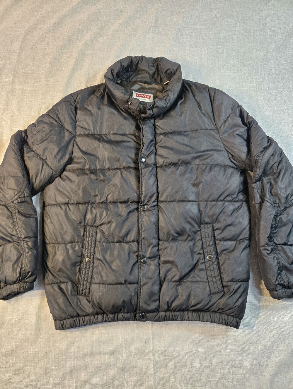 Levis Mens Medium Puffer Jacket Black Snap Front Quilted Bubble Coat Insulated